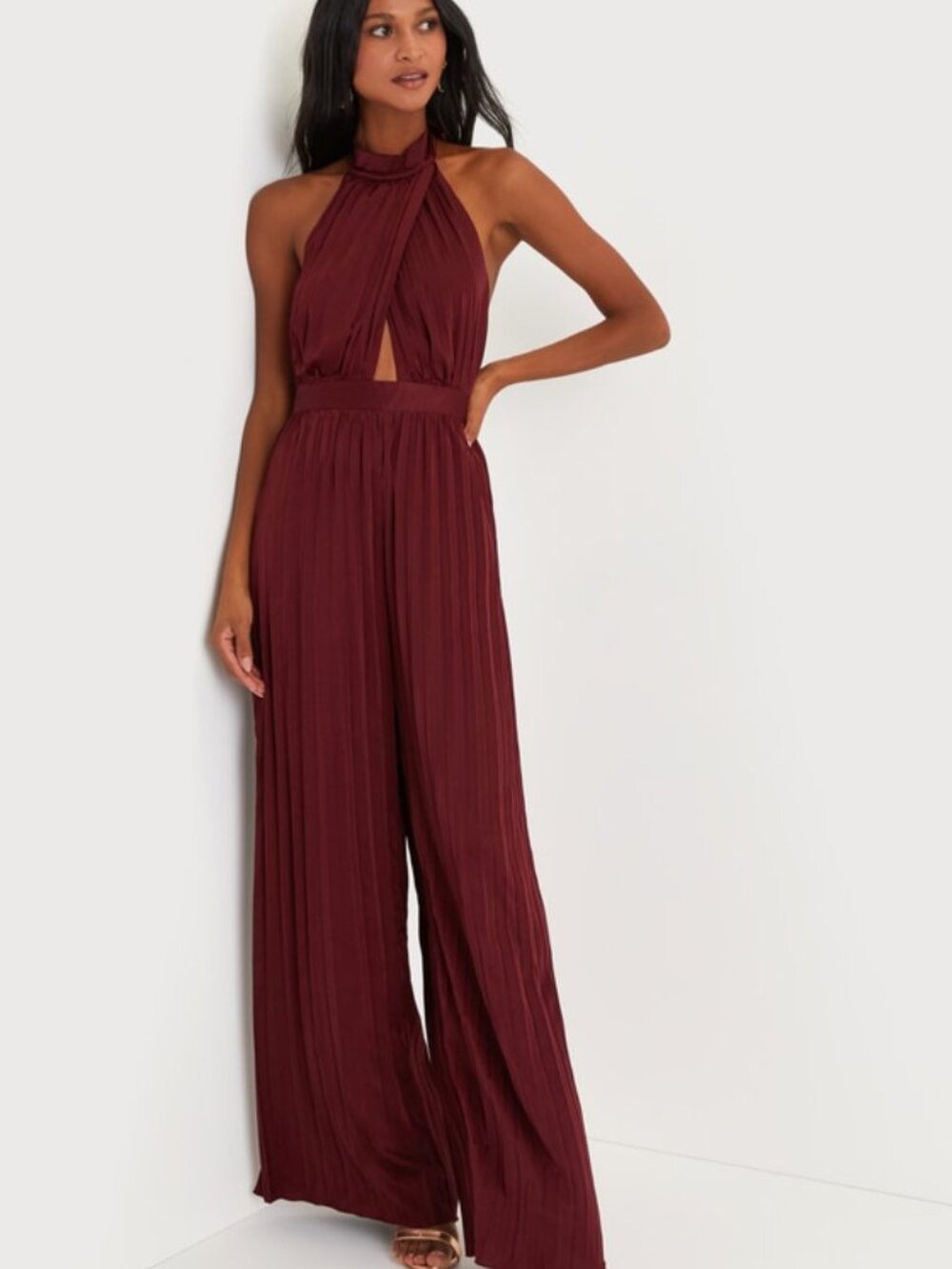 Lulus Confident Impression Burgundy Satin Pleated Halter Jumpsuit Red - Size XL